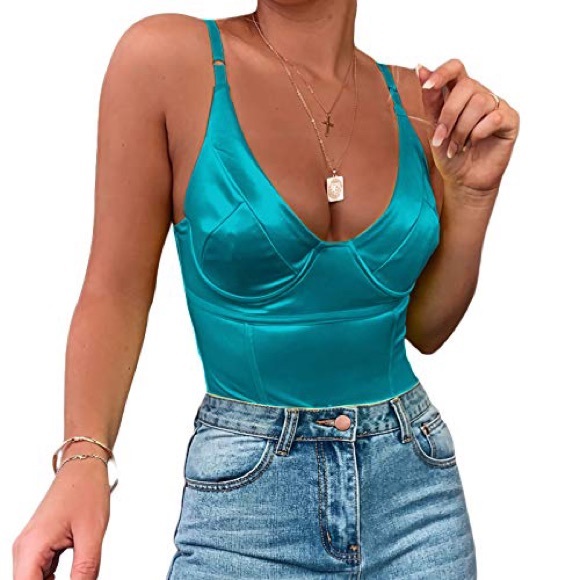 Velius Women's Sexy Deep V Neck Shiny Thong Bodysuit Tank Tops with Underwire L - Picture 1 of 1